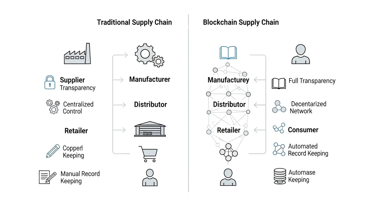 전통적 공급망 vs 블록체인 공급망 비교